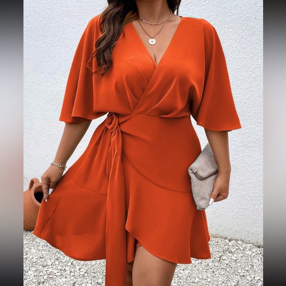Plus solid Batwing Sleeve Ruffle Hem Mini Dress - Picture 9 of 9